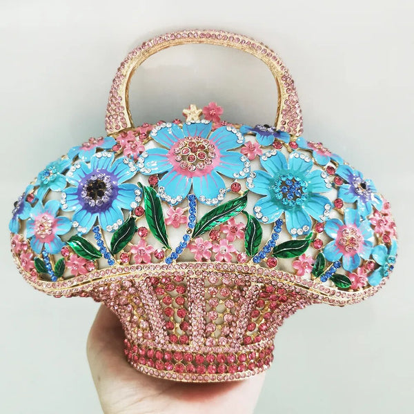 Flower Leaves Basket Rhinestone Clutch