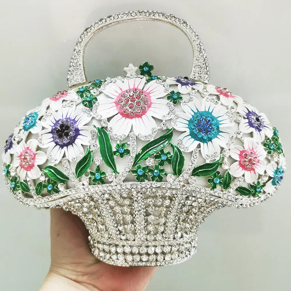 Flower Leaves Basket Rhinestone Clutch