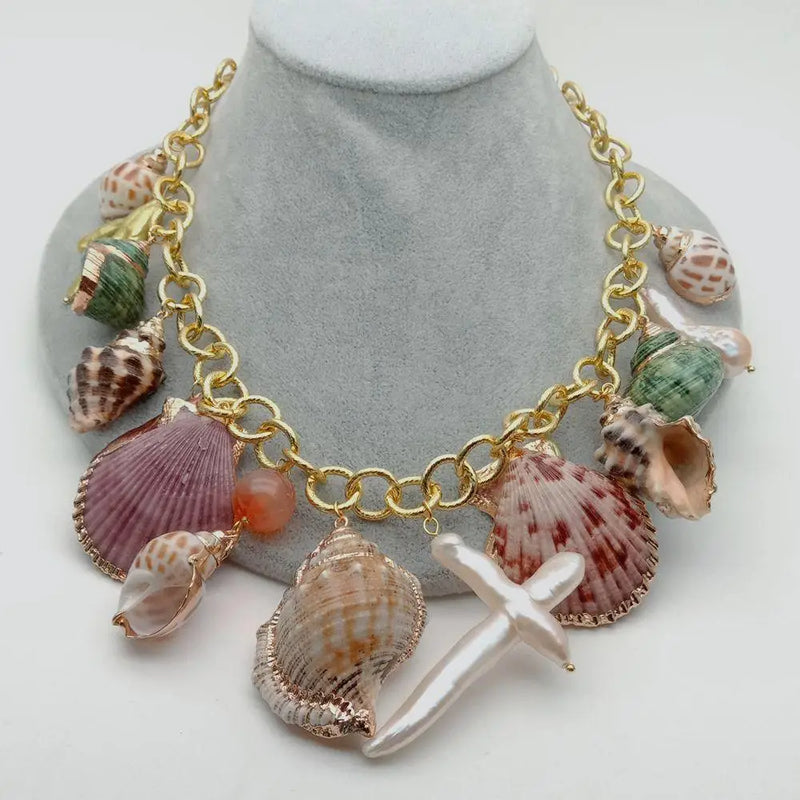 Multi Sea Shell Pearl Chain Necklace