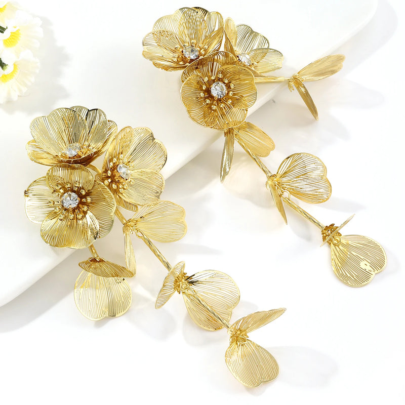 Fashion Rhinestone Flower Tassel Earrings