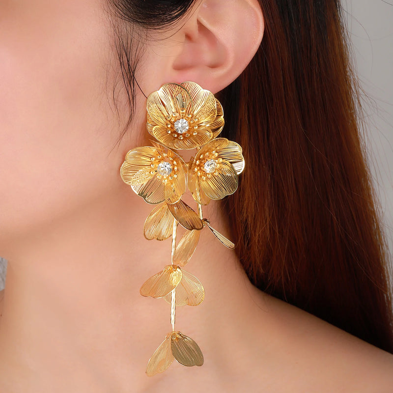 Fashion Rhinestone Flower Tassel Earrings